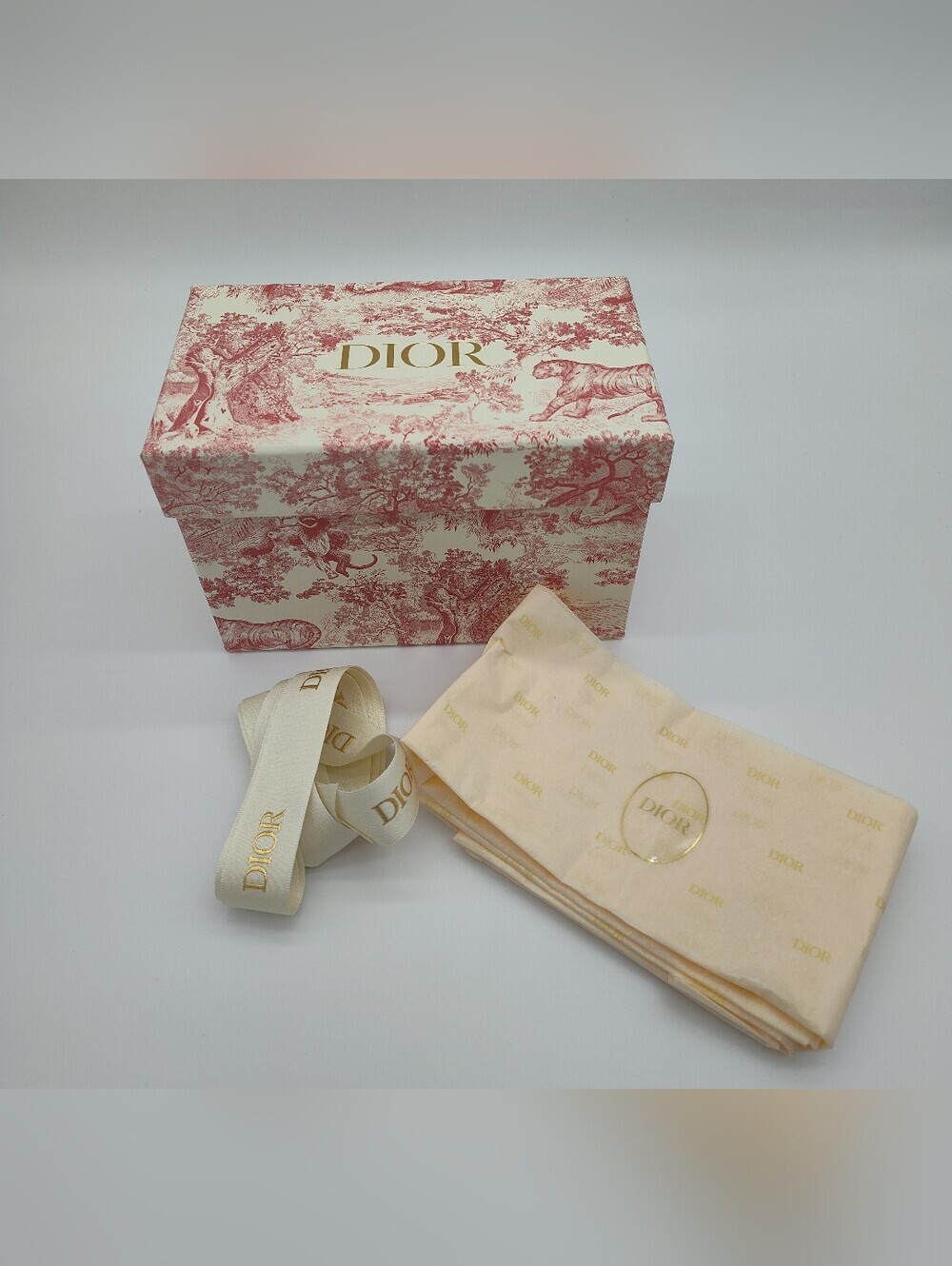 DIOR Toile Jungle Gift Box Tissue Paper Ribbon Set Pink Cream Gold Packaging EUC